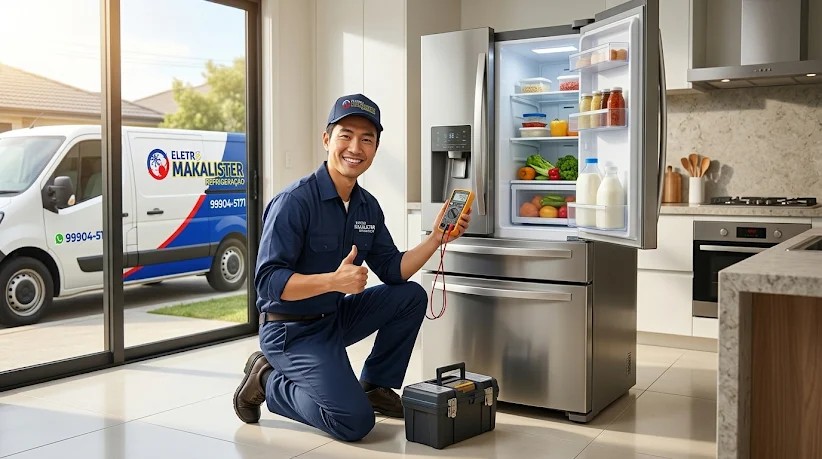 Técnico Eletro Makalister realizando conserto de geladeira